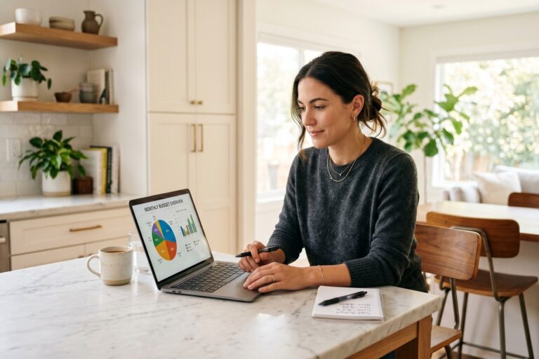 Person reviewing a household budget spreadsheet showing housing, food, and transportation costs exceeding 60 percent of income