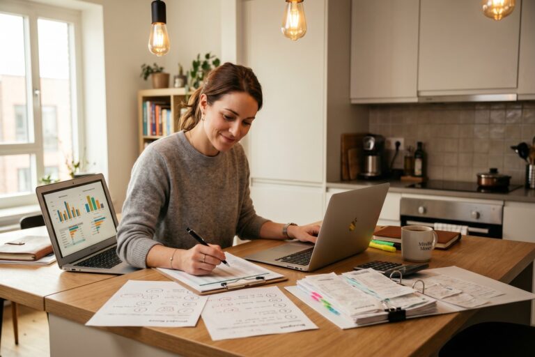 Person reviewing advanced budgeting strategies on a laptop with financial charts and a budget planner on the desk