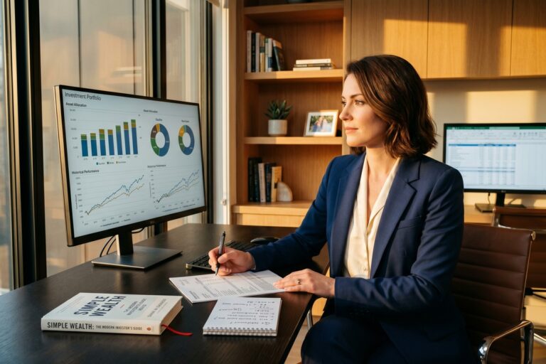 Person reviewing automated savings transfers and investment accounts on a laptop at a desk