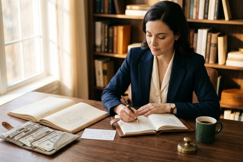 High earner writing in a financial ledger as a budgeting alternative to digital apps