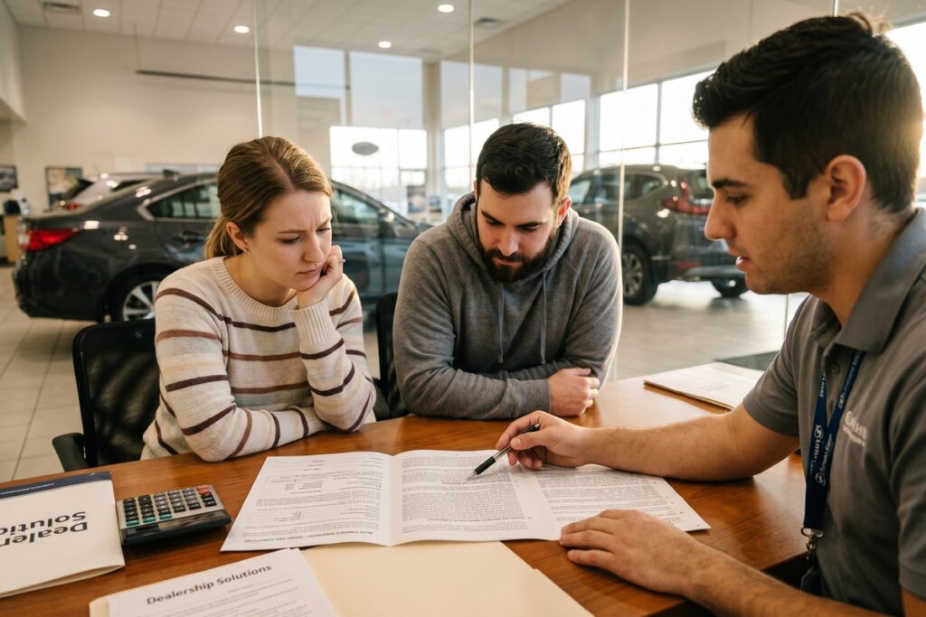 Closeup of an auto loan contract highlighting hidden add-on fees and charges