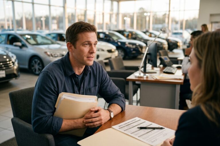 Person reviewing auto loan options after bankruptcy at a car dealership