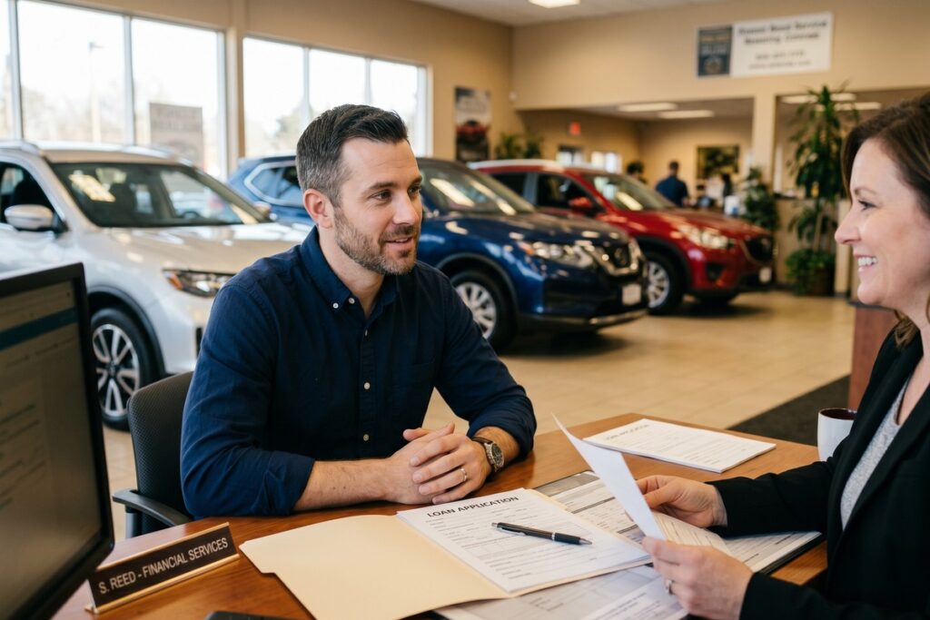 Person reviewing auto loan documents and checklist after a vehicle repossession