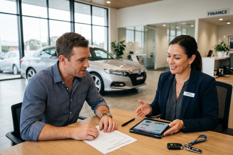 A lender reviewing auto loan application documents alongside a credit report and vehicle financing paperwork in 2026