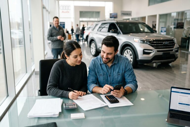 Person calculating auto loan down payment amount at a car dealership