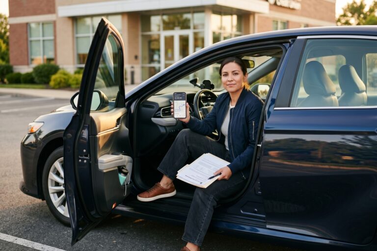 Gig worker reviewing auto loan documents beside their car