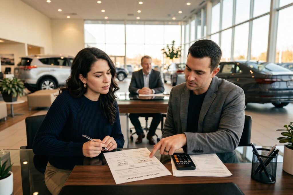 Borrower reviewing auto loan interest rates in 2026 on a laptop beside a car key and financial documents