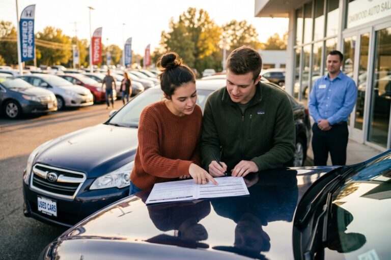 Buyer reviewing auto loan documents for a previously financed car with a lien