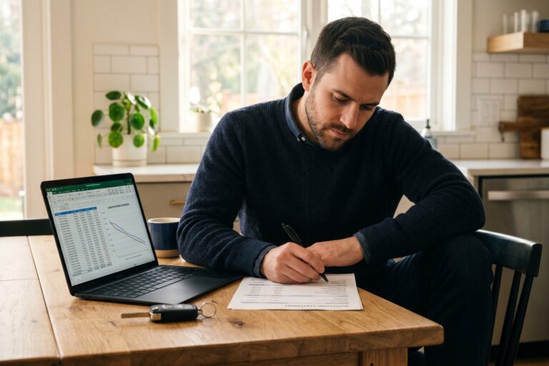 Person reviewing auto loan documents and calculator on a desk while planning early loan payoff
