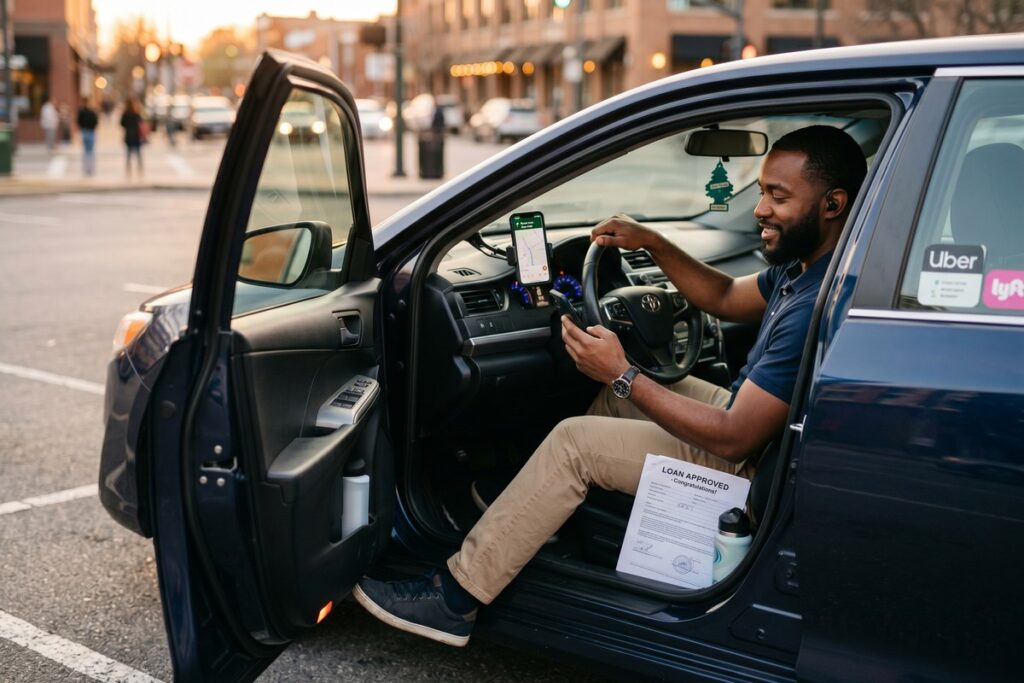 Rideshare driver reviewing auto loan documents beside their financed vehicle