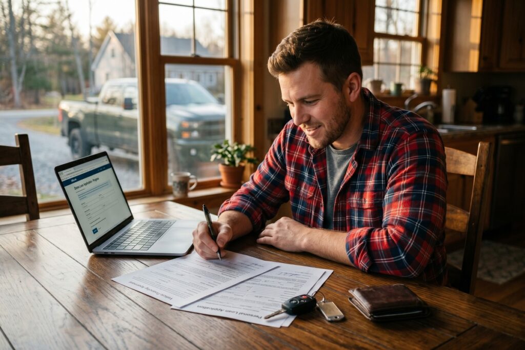 Seasonal worker reviewing auto loan documents at a dealership with income statements on the table