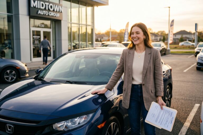 Recent college graduate signing auto loan paperwork at a dealership with a thin credit file