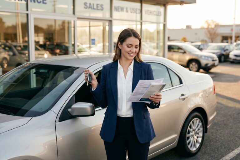 Recent college graduate reviewing auto loan documents at a dealership after starting a new job