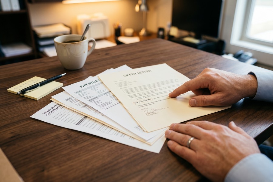 Recent college graduate reviewing auto loan documents and pay stubs at a desk