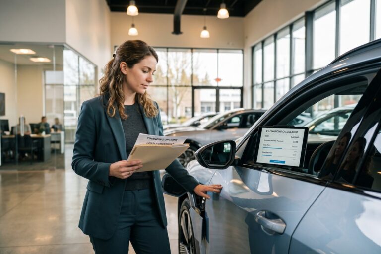 Person signing auto loan documents for an electric vehicle at a dealership