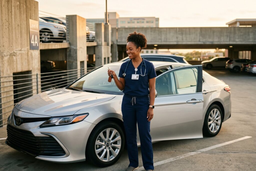A nurse reviewing auto loan offers on a laptop while sitting in a parked car outside a hospital