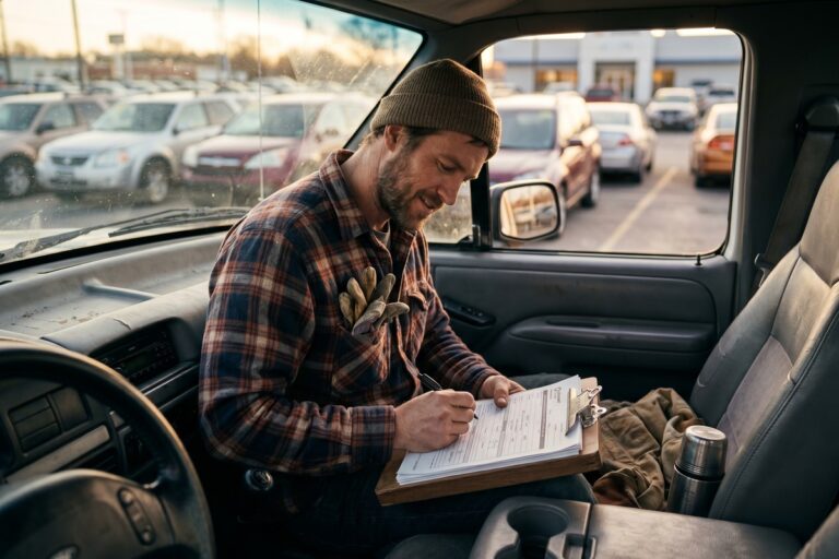 Seasonal worker reviewing auto loan options on a laptop while sitting in a parked car