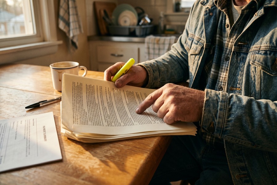 Seasonal worker reviewing auto loan documents at a desk with two years of tax returns and bank statements