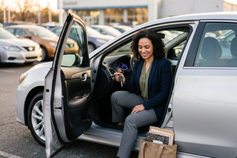 Teacher smiling beside a new car after securing an exclusive auto loan discount program