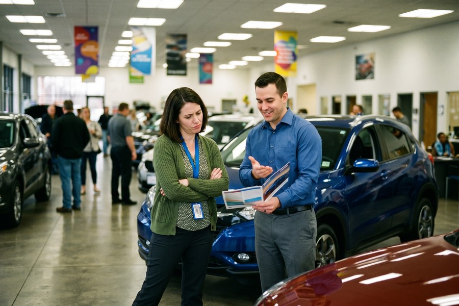 Teacher reviewing auto loan documents at a credit union branch desk
