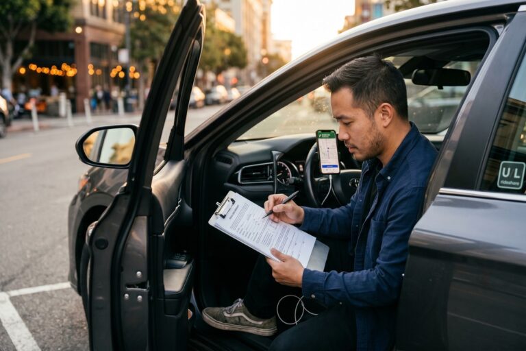 Rideshare driver reviewing tax documents and auto loan paperwork in their car