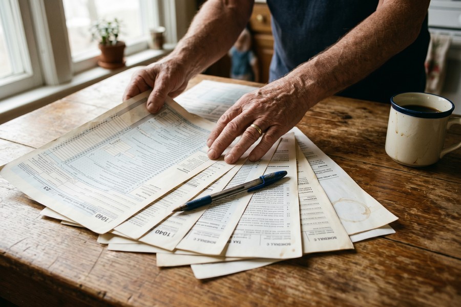 Rideshare driver reviewing tax documents and bank statements for an auto loan application