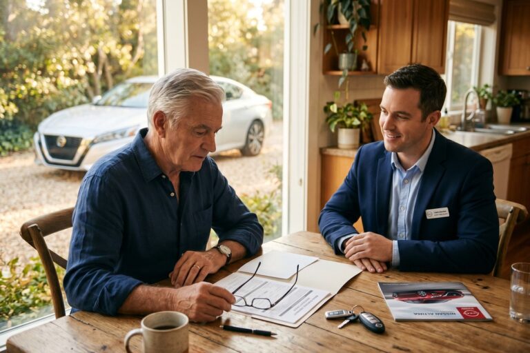 Senior retiree reviewing auto loan documents before buying a car on a fixed income