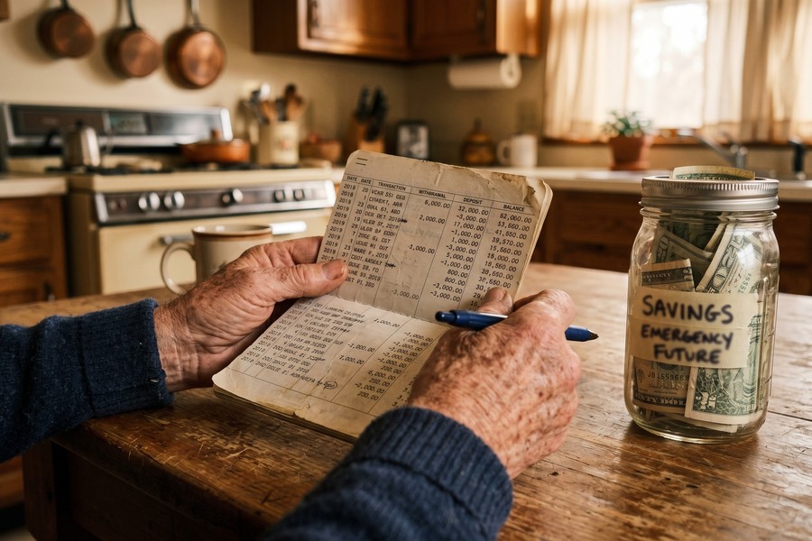 Retiree reviewing auto loan income documentation at a kitchen table