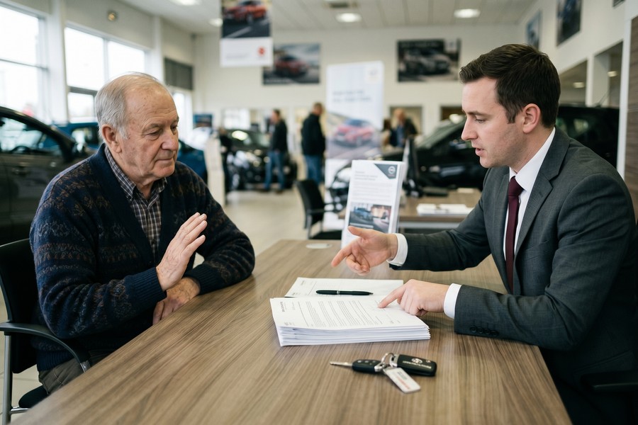 Senior couple comparing auto loan offers at a credit union desk