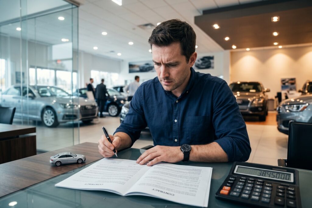 Person reviewing a balloon payment auto loan contract at a car dealership