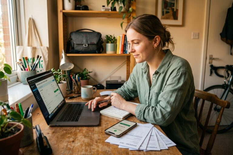 Gig worker reviewing online loan options on a laptop