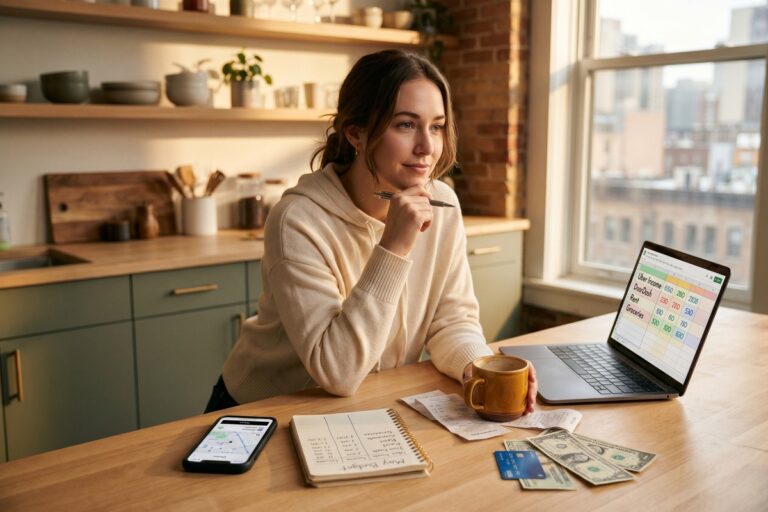 Gig worker reviewing monthly budget spreadsheet on laptop to manage variable income