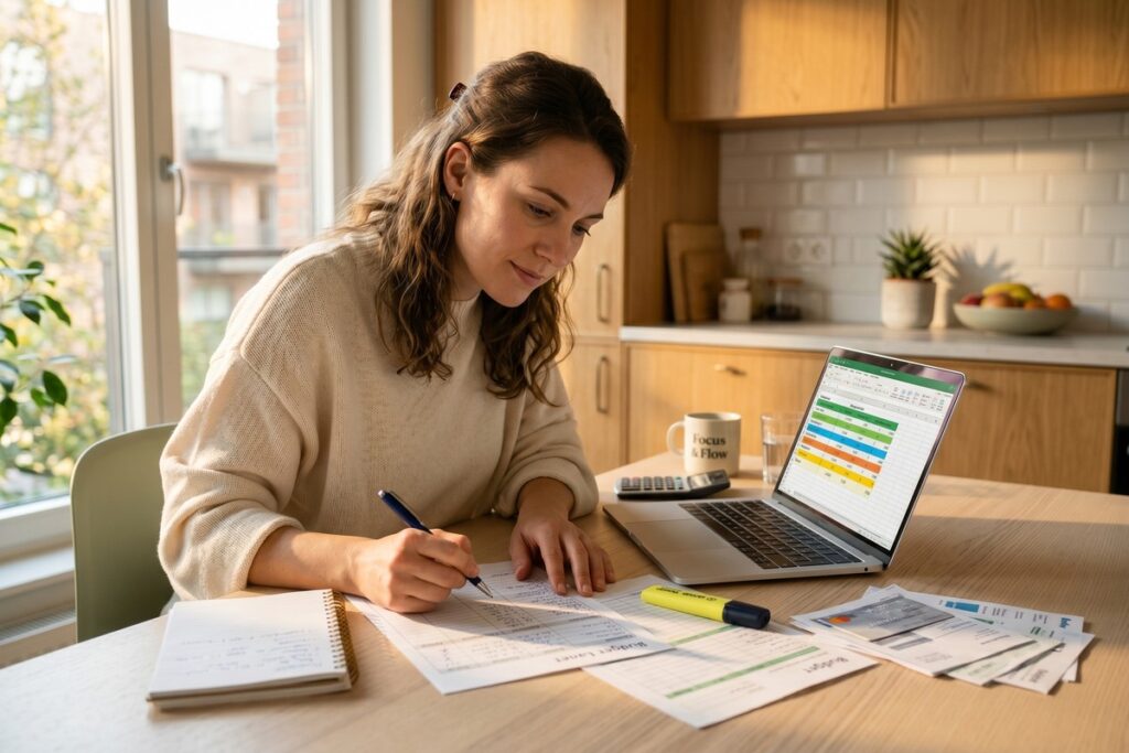 Person reviewing budgeting frameworks and debt repayment plan at a desk with financial documents
