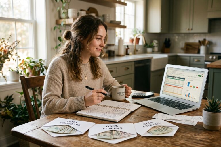 Budgeting methods compared side by side — Zero-Based, 50/30/20, and Envelope System charts on a desk