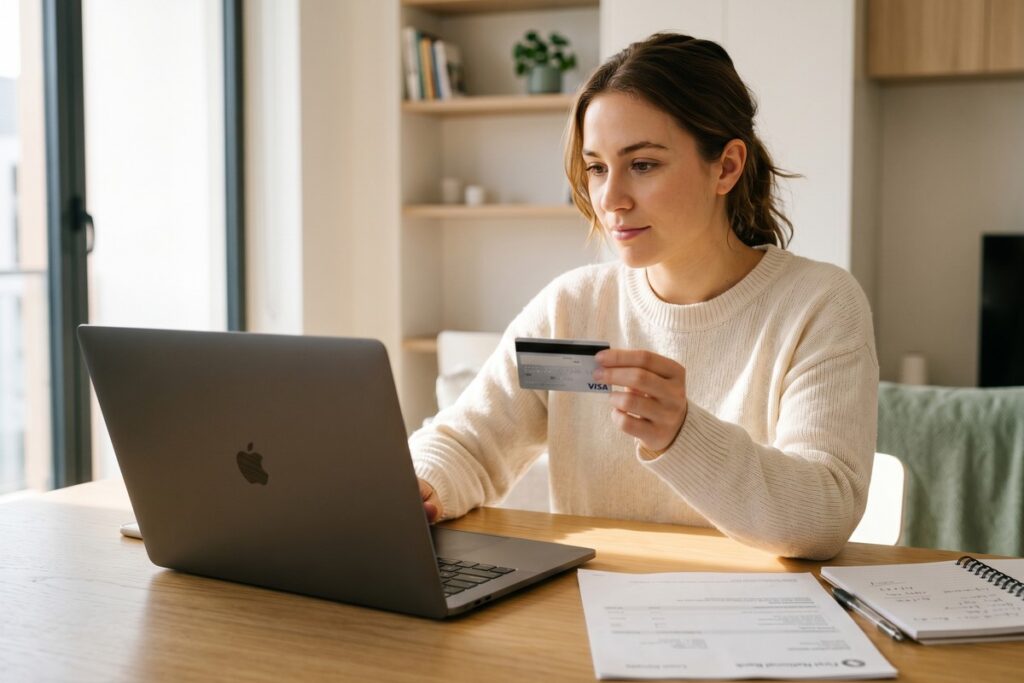 Young adult reviewing credit score on laptop while managing student loan repayment plan