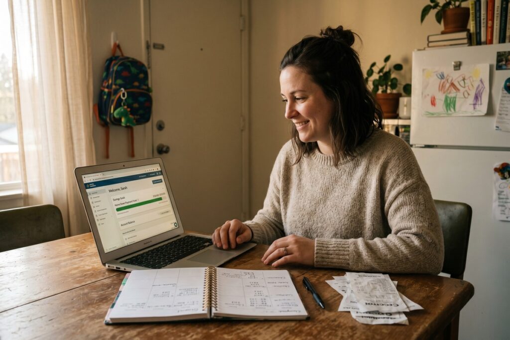 Single mom reviewing budget and savings plan at kitchen table to build emergency fund on low income