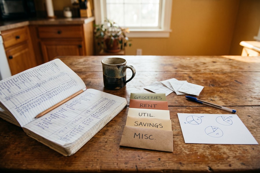 Single mother reviewing a monthly budget spreadsheet at a kitchen table with bills and receipts