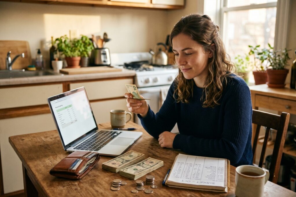 Person saving money in a jar to build an emergency fund on a tight budget