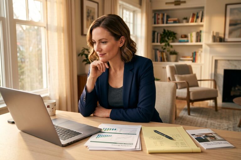 Middle-class professional reviewing wealth-building strategies and financial plan at a desk