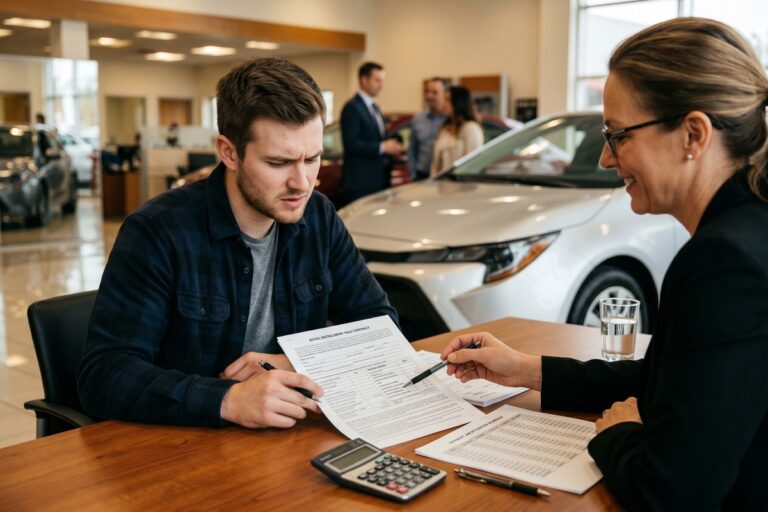 First-time car buyer reviewing auto loan term options at a dealership