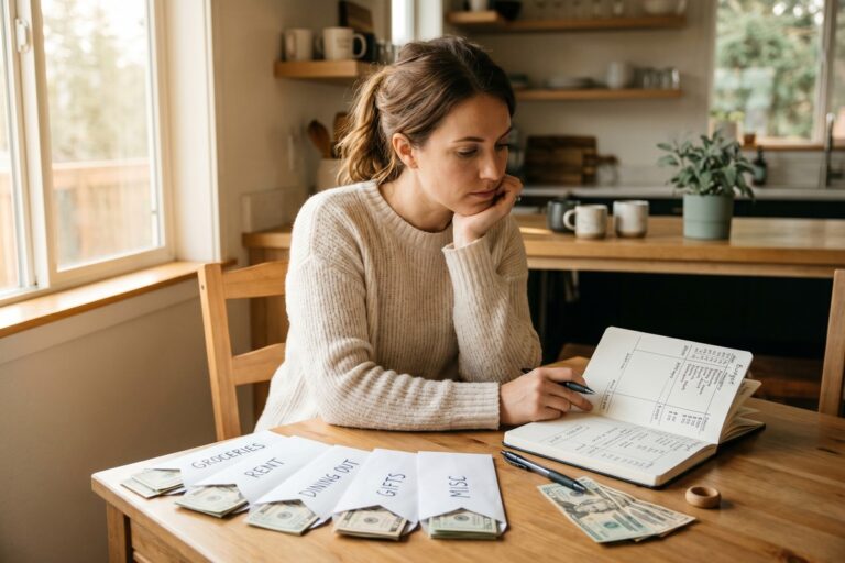 Cash envelopes and a budgeting worksheet side by side illustrating cash envelope system vs zero-based budgeting comparison