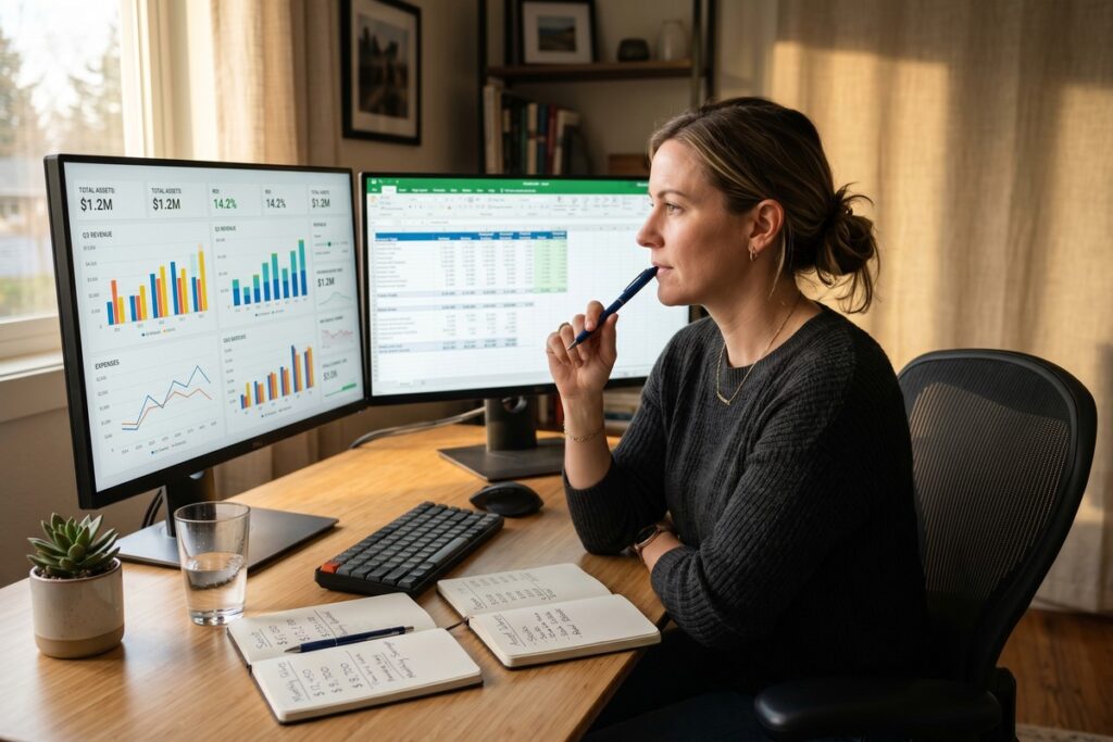 Person reviewing cash flow and net worth statements side by side to assess financial health