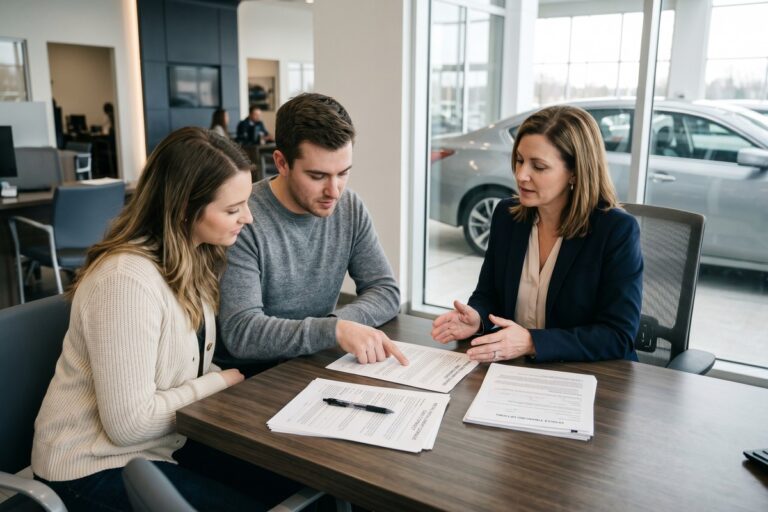 Two people reviewing co-signer vs co-borrower auto loan documents at a dealership