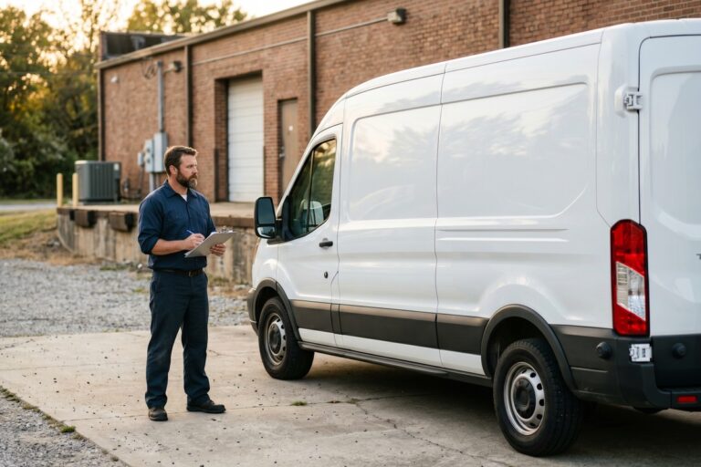 Small business owner reviewing commercial vehicle auto loan documents beside a work truck