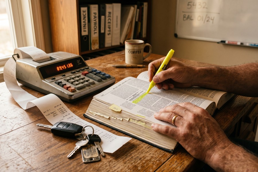 Small business owner reviewing commercial truck loan documents at a desk