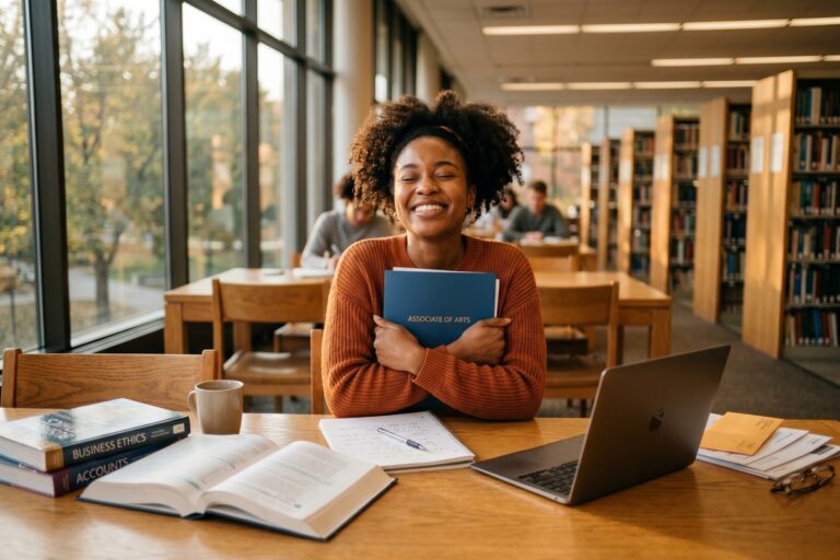 Community college transfer student reviewing loan documents and financial aid options on campus