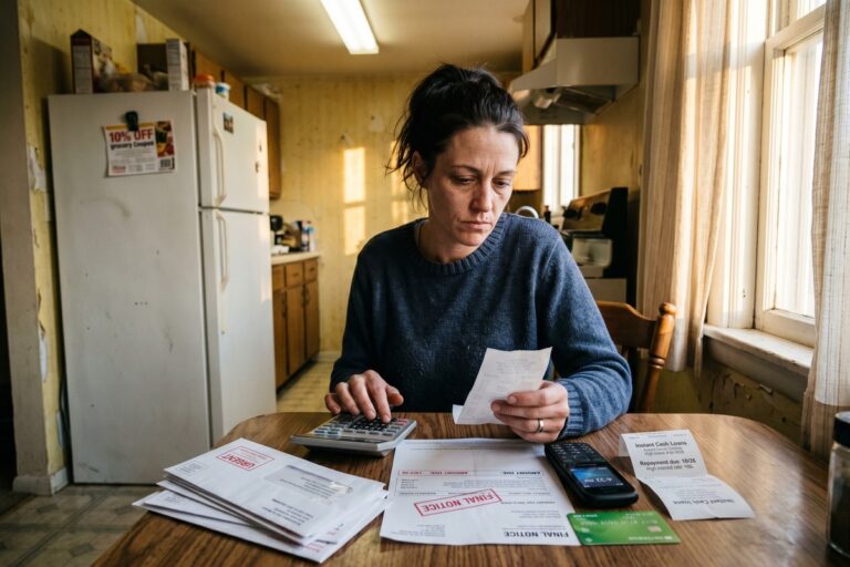 Person reviewing bills and financial documents illustrating the hidden cost of being poor