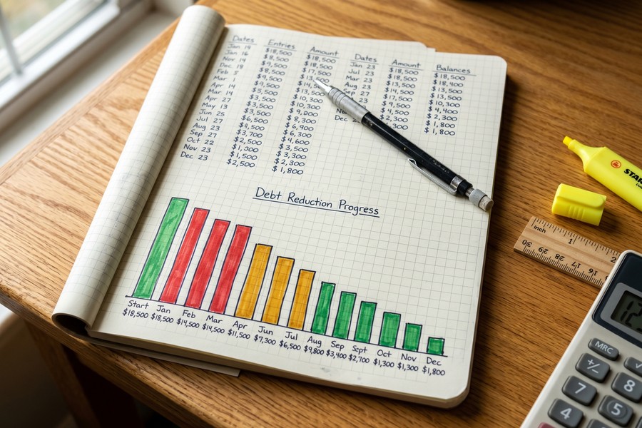 Screenshot mockup of a debt payoff calculator showing balance, APR, and total interest savings