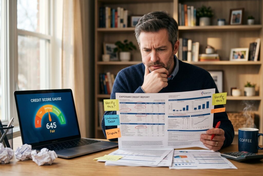 Confused person looking at credit score report with common misconceptions illustrated around them