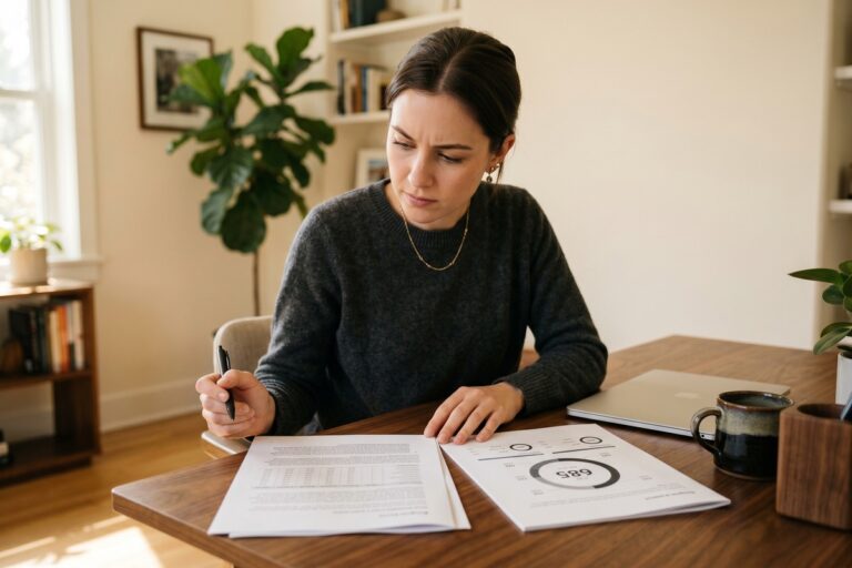 Side-by-side comparison of a credit score gauge and a credit report document on a desk